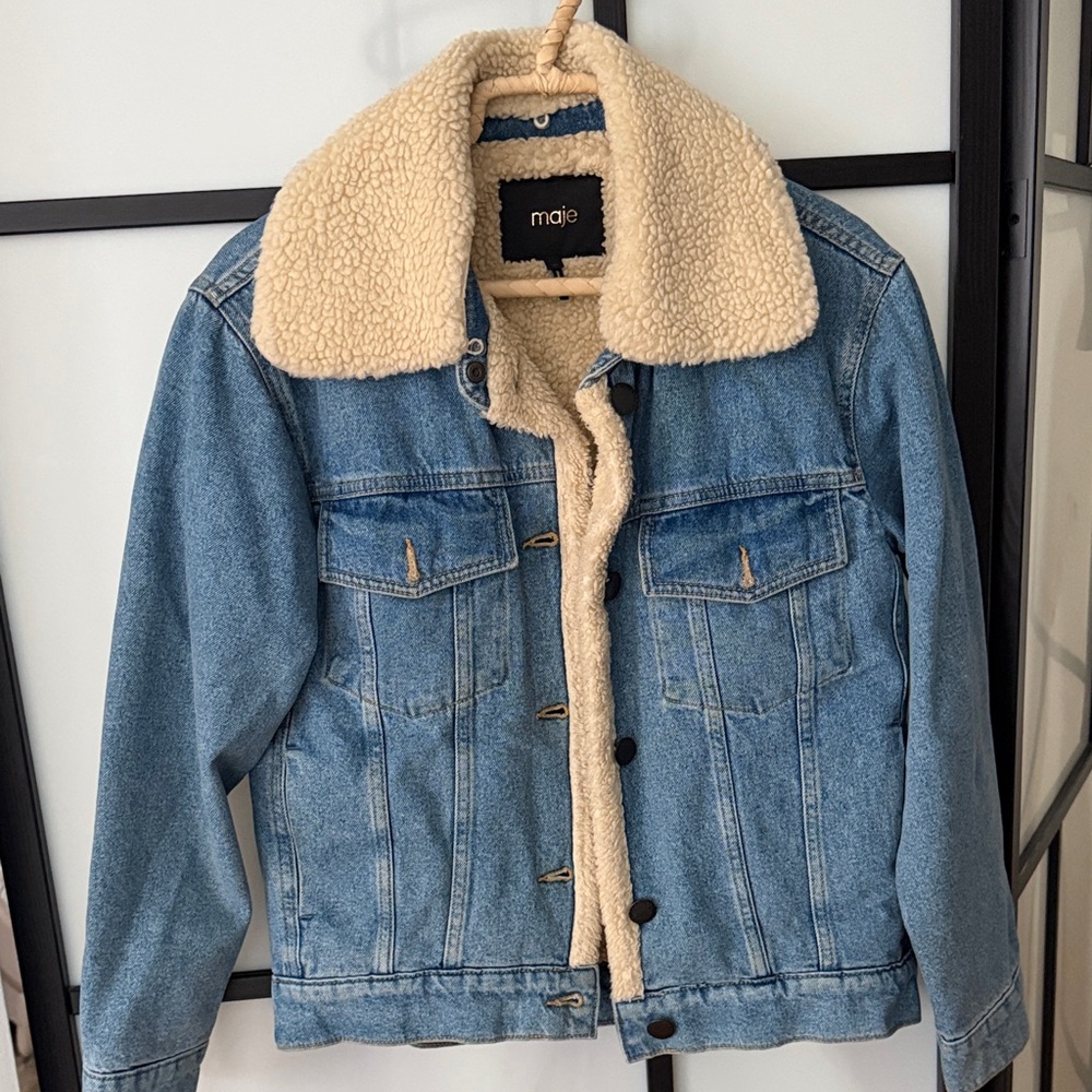 Maje Denim Jacket with Cream Sherpa Lining
